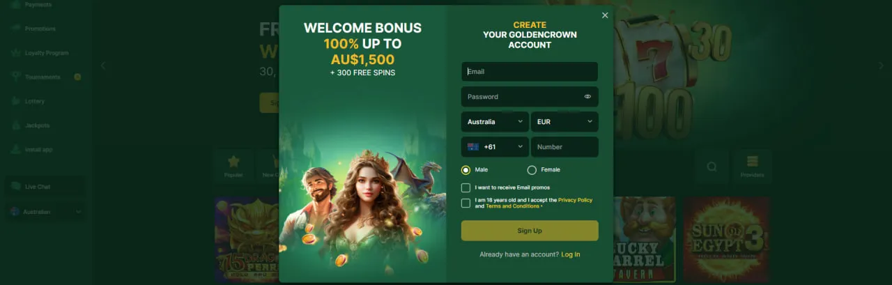 Registration and Login Routines at goldencrowncasino.com